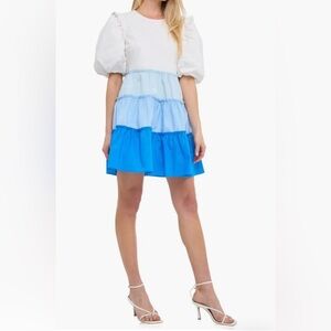 English Factory Size XS White and Blue Bubble Mini dress  Balloon Short Sleeve